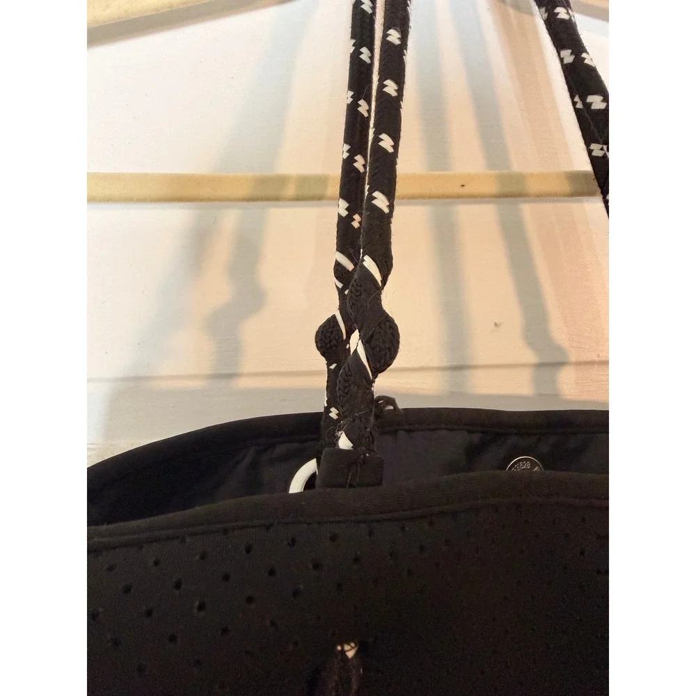 Black Perforated Neoprene Tote Bag Rope Handles Sporty Beach Gym Travel Bag